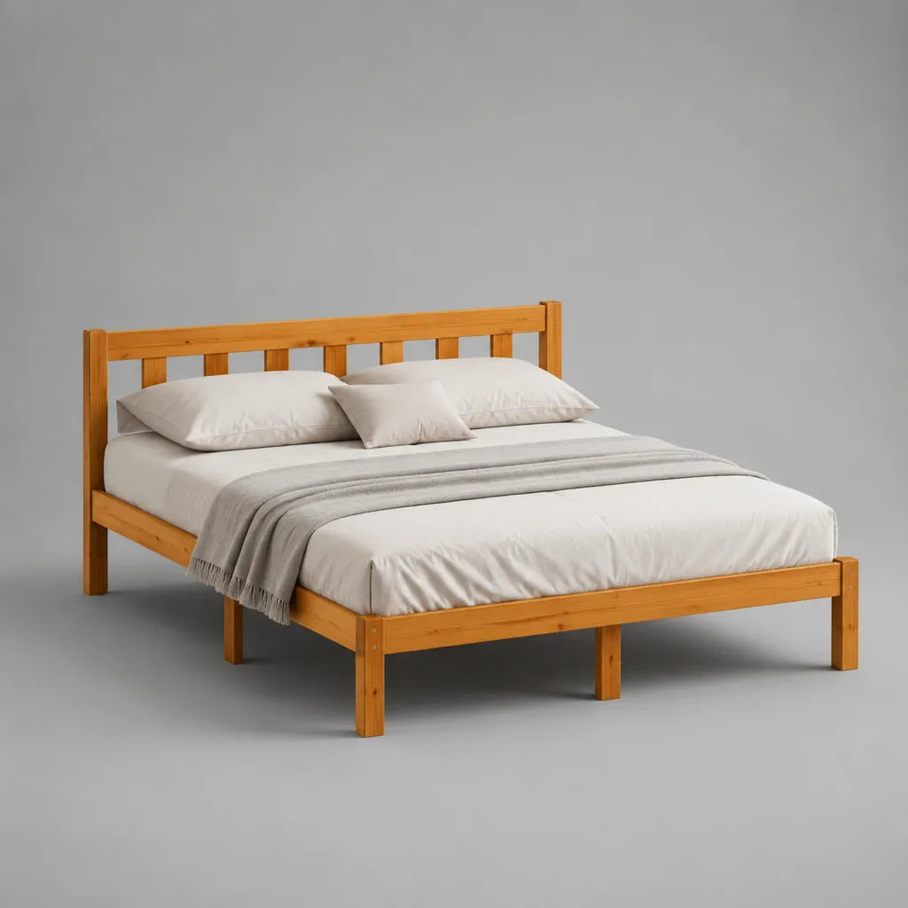 Doppelbett-Bettgestell aus massivem Kiefernholz, Naturbraun, Liegefläche 160 × 200 cm, Außenmaße 208 × 168 × 95 cm