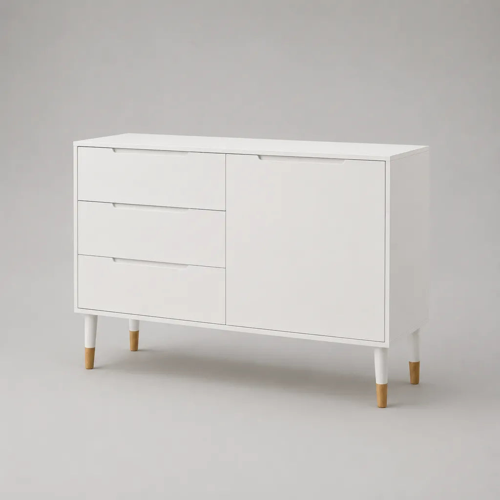 Sideboard mit 3 Schubladen und 1 Tür aus melaminbeschichteter Spanplatte, Weiß/Naturfarben, 120 × 40 × 80 cm