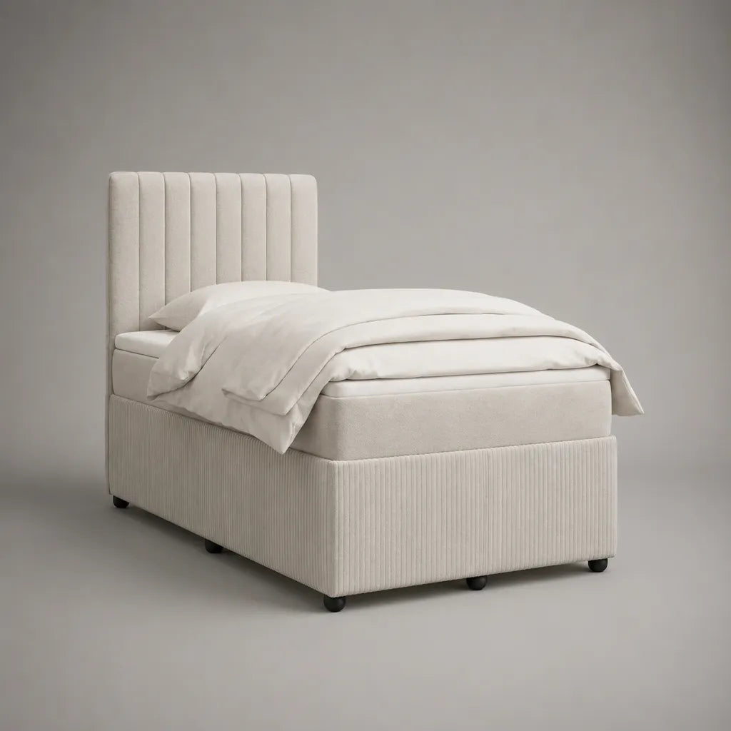 Boxspringbett Einzelbett 90 x 200 cm mit Matratze, Topper und gepolstertem Kopfteil, Polyester-Cordstoff, Cremeweiß