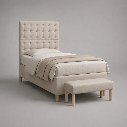 Polsterbett mit Sitzbank, 2-teiliges Set, Creme und Natur, Liegefläche 90 × 200 cm, Kopfteilhöhe 180 cm