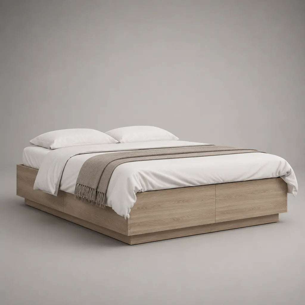 Doppelbett aus melaminbeschichteter Spanplatte, Eiche Natur, 166 x 206 x 40 cm, Liegefläche 160 x 200 cm, ohne Kopfteil