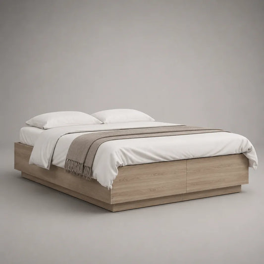 Doppelbett aus melaminbeschichteter Spanplatte, Eiche Natur, 166 x 206 x 40 cm, Liegefläche 160 x 200 cm, ohne Kopfteil