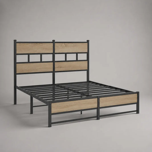 Metallbett-Doppelbett mit Kopf- und Fußteil aus Stahl und Spanplatte, Schwarz/Eichefarben, Liegefläche 160 × 200 cm