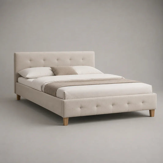 Polsterbett Doppelbett 160 × 200 cm Hellbeige mit Lattenrost und gepolstertem Kopfteil