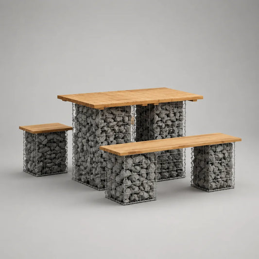 Gabionen-Gartenmöbel-Set 3-teilig aus Akazien-Massivholz und verzinktem Stahl, Naturbraun/Grau/Silberfarben, Tisch 120 × 70 × 75 cm, Bank 120 × 35 × 45 cm, Hocker 40 × 35 × 45 cm