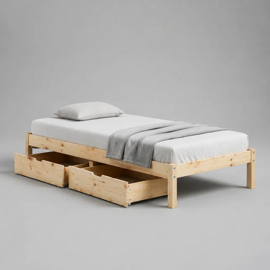 Bettgestell 140 × 200 cm aus massiver Kiefer mit Lattenrost und 2 Schubladen, naturfarben