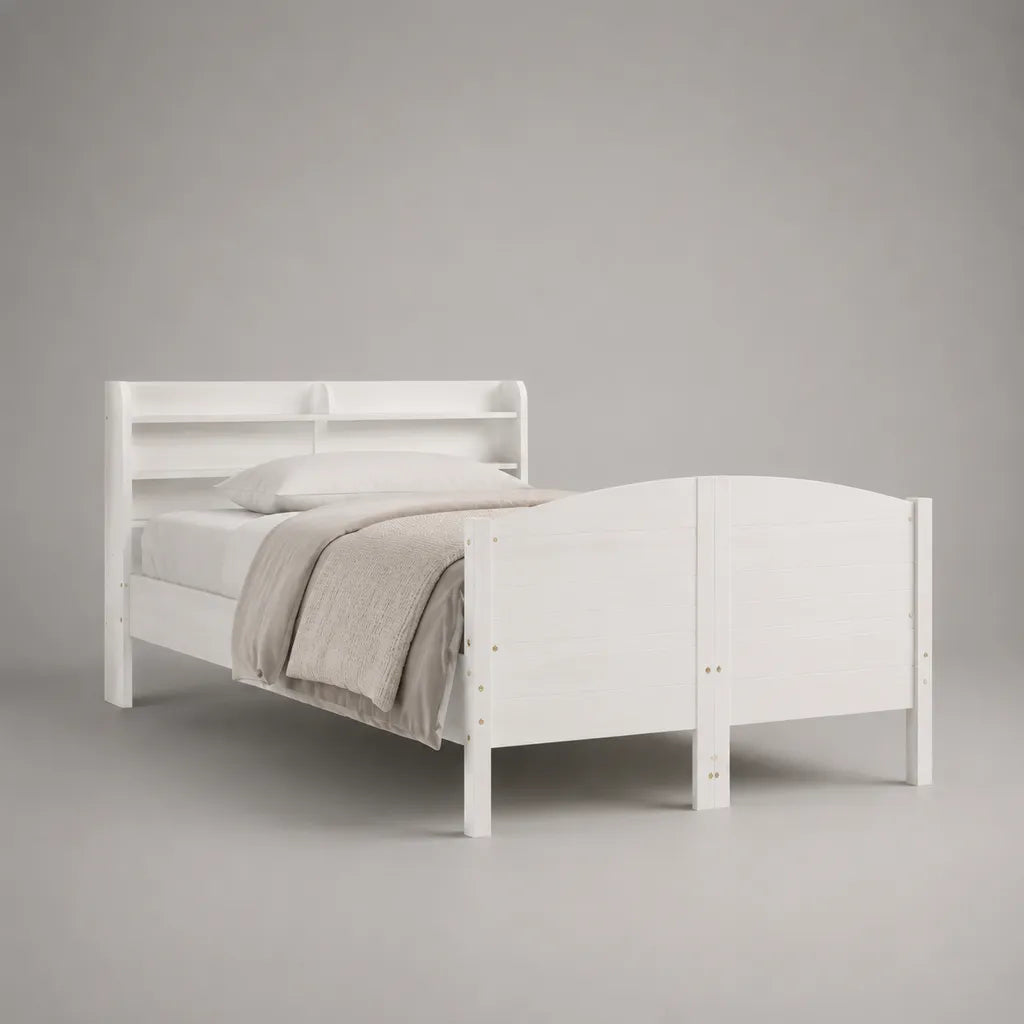 Einzelbett aus Kiefer-Massivholz und MDF mit Regal-Kopfteil, Weiß, 90 x 200 cm