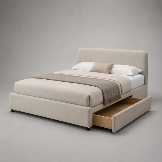 Stauraum-Polsterbett aus Holz mit Seitenschublade und Polyesterbezug, Beige, Liegefläche 160 × 200 cm