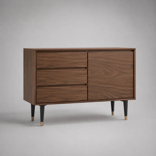 Sideboard aus MDF mit Walnussfurnier, 3 Schubladen und 1 Tür, Walnussbraun/Schwarz, 120 × 40 × 80 cm