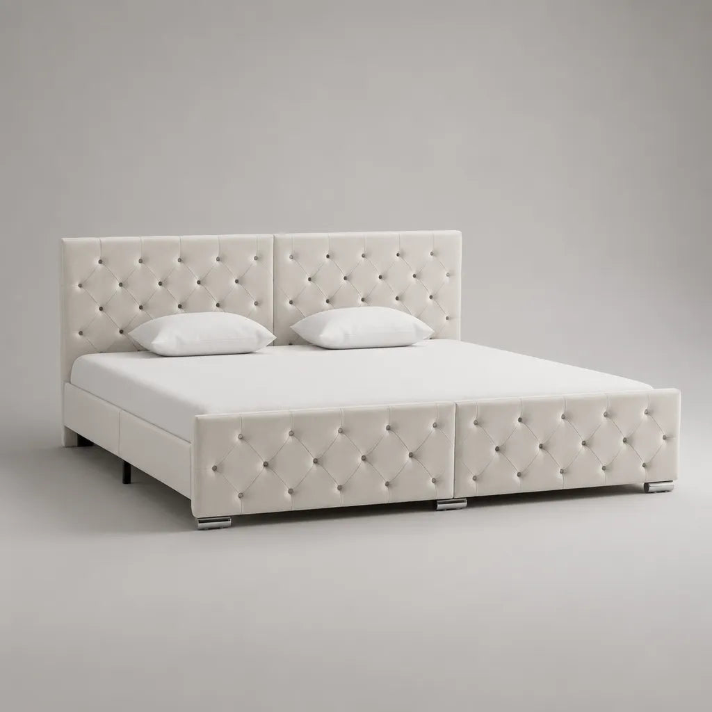 Polsterbett Doppelbett mit Knopfheftung, Polyester-Samt, Weiß, Liegefläche 180 x 200 cm, Gesamtmaß 193 x 218 x 110 cm