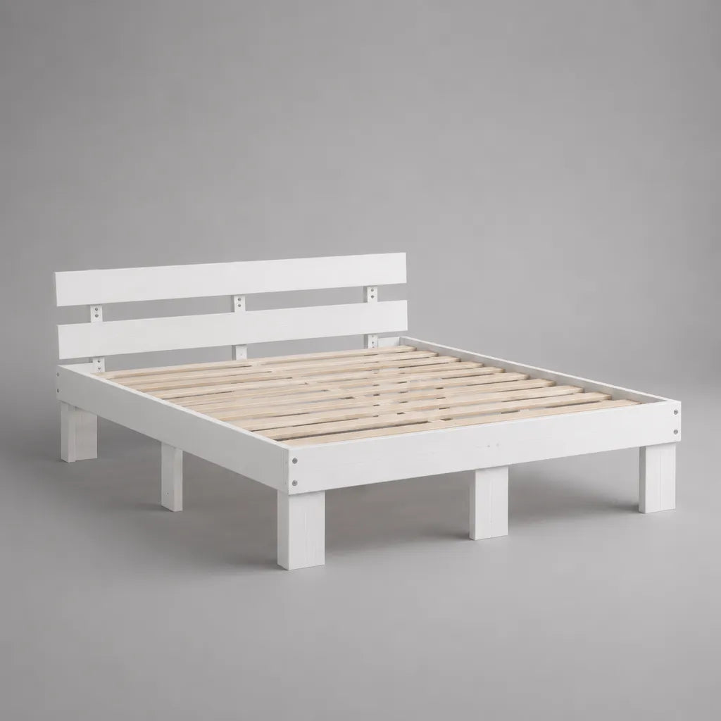 Doppelbett-Bettgestell aus massivem Kiefernholz mit Lattenrost und Kopfteil, Weiß/Natur, Liegefläche 140 × 200 cm