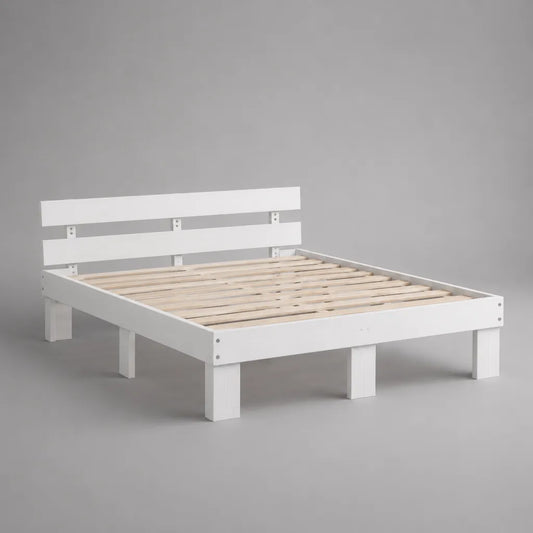 Doppelbett-Bettgestell aus massivem Kiefernholz mit Lattenrost und Kopfteil, Weiß/Natur, Liegefläche 140 × 200 cm