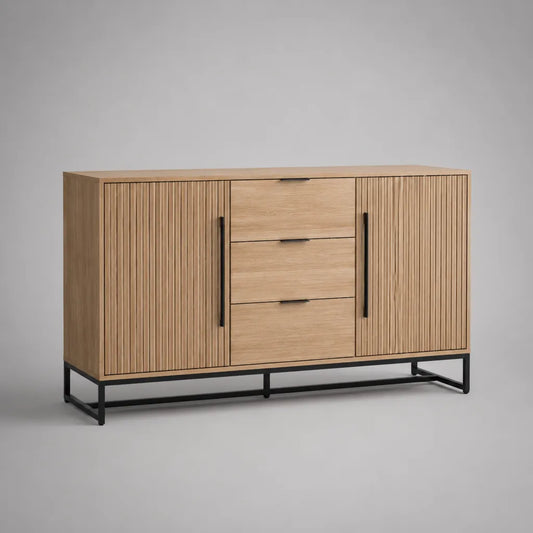 Rechteckiges Sideboard mit 3 Schubladen und 2 Türen, Eichenfurnier und Stahlgestell, Eiche natur/Schwarz, 140 × 40 × 85 cm