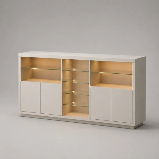 Sideboard mit LED-Beleuchtung aus MDF und Einscheiben-Sicherheitsglas, Weiß/Eichefarben, 180 × 40 × 100 cm