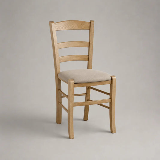 Esszimmerstuhl aus massivem Eichenholz mit gepolstertem Stoffsitz und Leiterlehne, Natur/Beige, 45 × 50 × 95 cm