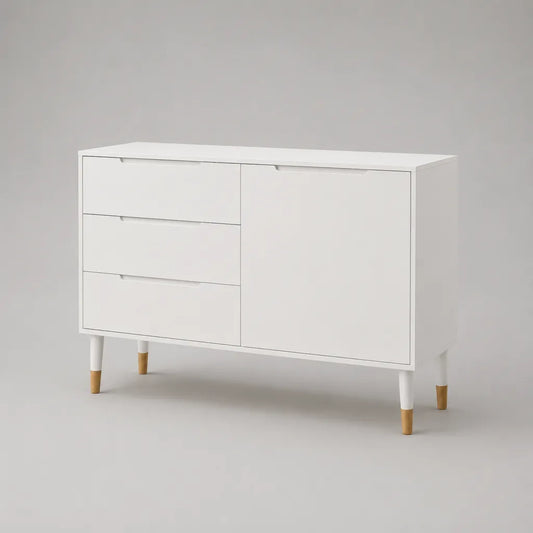 Sideboard mit 3 Schubladen und 1 Tür aus melaminbeschichteter Spanplatte, Weiß/Naturfarben, 120 × 40 × 80 cm