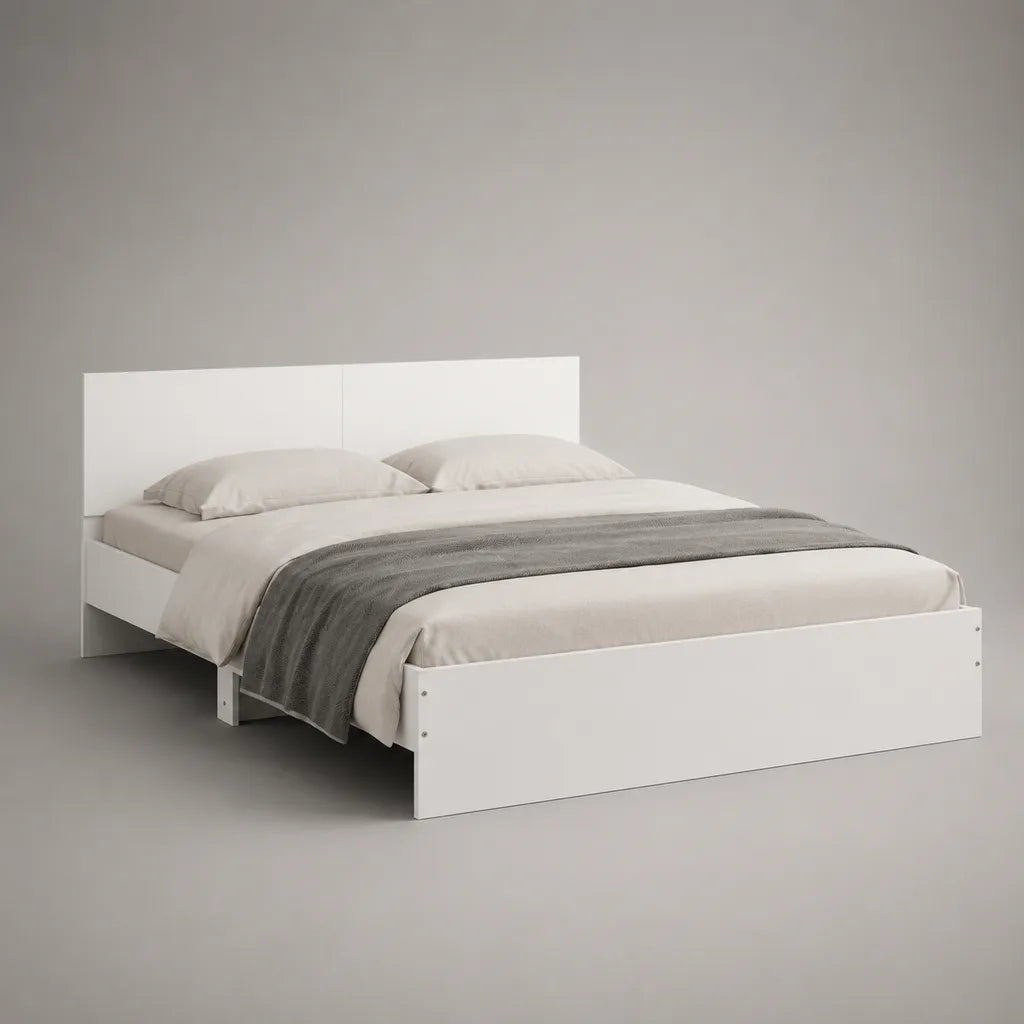 Bettgestell 160 × 200 cm, Doppelbett aus melaminbeschichteter Spanplatte, Weiß, 205 × 166 × 80 cm