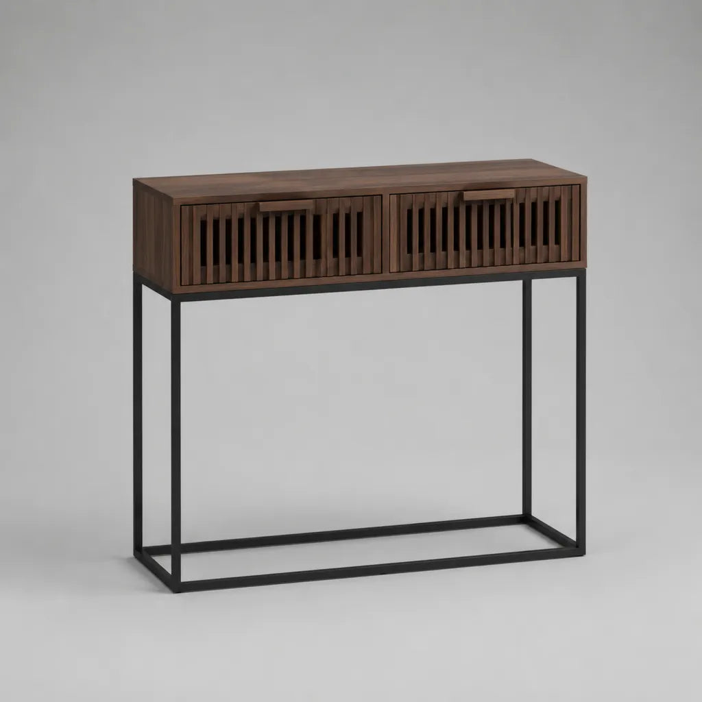 Konsolentisch mit 2 Schubladen aus Akazien-Massivholz und Stahl, Dunkelbraun und Schwarz, 100 × 30 × 80 cm