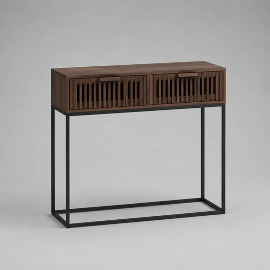 Konsolentisch mit 2 Schubladen aus Akazien-Massivholz und Stahl, Dunkelbraun und Schwarz, 100 × 30 × 80 cm