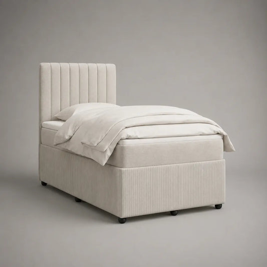 Boxspringbett Einzelbett 90 x 200 cm mit Matratze, Topper und gepolstertem Kopfteil, Polyester-Cordstoff, Cremeweiß