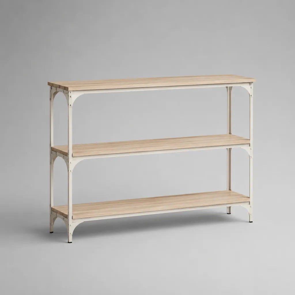 Konsolentisch mit 3 Holzablagen und Stahlgestell, Natur und Cremeweiß, 120 × 35 × 80 cm
