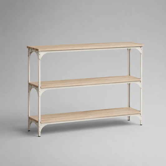 Konsolentisch mit 3 Holzablagen und Stahlgestell, Natur und Cremeweiß, 120 × 35 × 80 cm