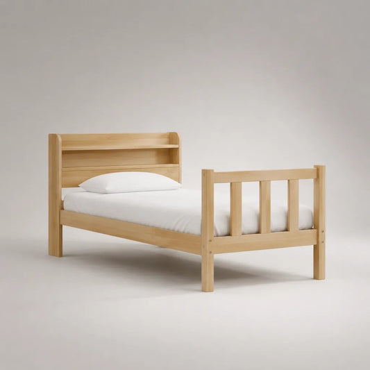 Kinderbett Einzelbett mit Regal-Kopfteil aus massivem Kiefernholz, Natur, Liegefläche 90 x 200 cm
