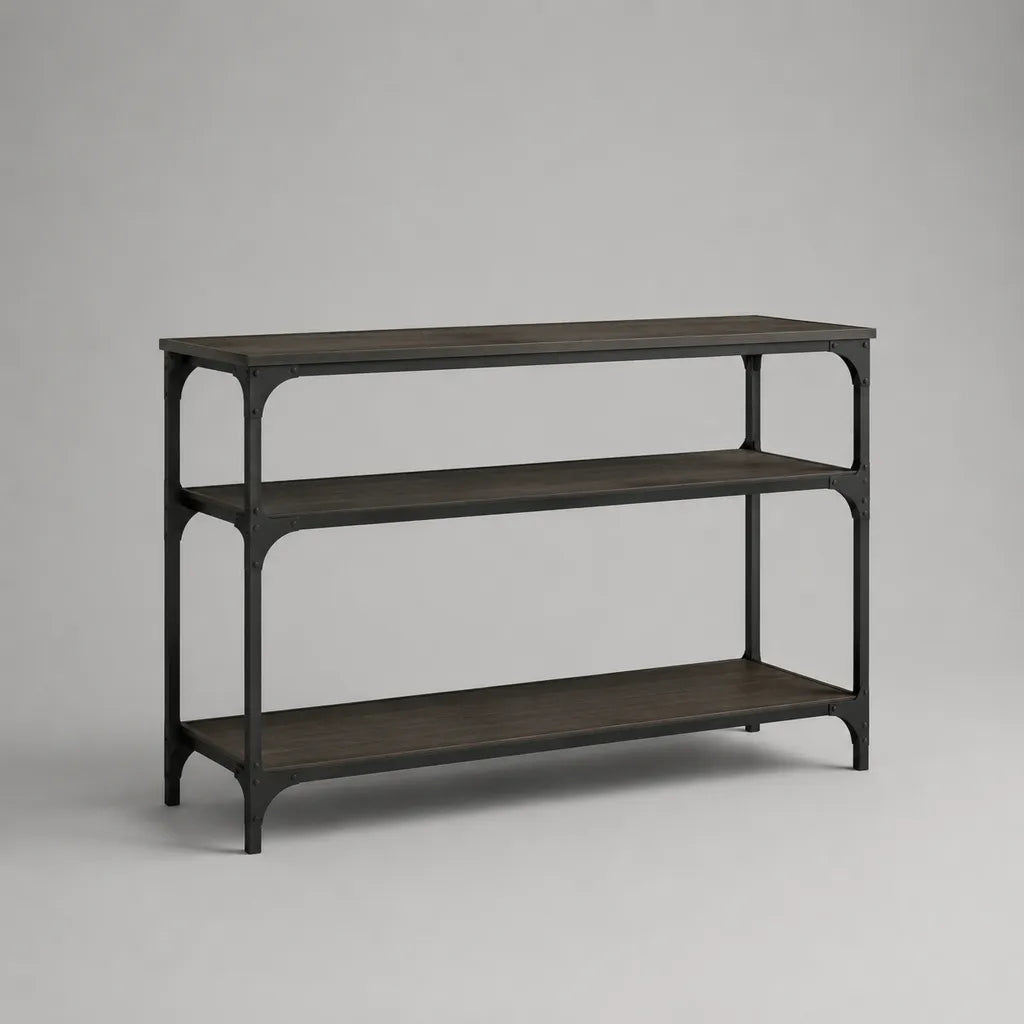 Rechteckiger Konsolentisch mit 3 Ablagen aus MDF und Stahl, Dunkelbraun und Schwarz, 120 × 35 × 80 cm
