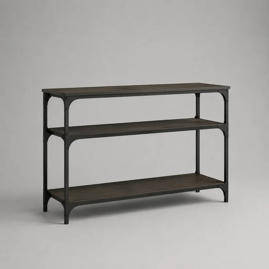 Rechteckiger Konsolentisch mit 3 Ablagen aus MDF und Stahl, Dunkelbraun und Schwarz, 120 × 35 × 80 cm