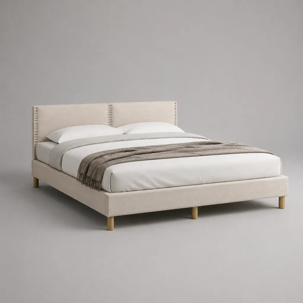Polsterbett Doppelbett mit hohem Kopfteil und Polyesterbezug, Beige/Natur, 218 × 171 × 110 cm, Liegefläche 160 × 200 cm