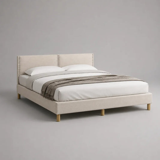 Polsterbett Doppelbett mit hohem Kopfteil und Polyesterbezug, Beige/Natur, 218 × 171 × 110 cm, Liegefläche 160 × 200 cm