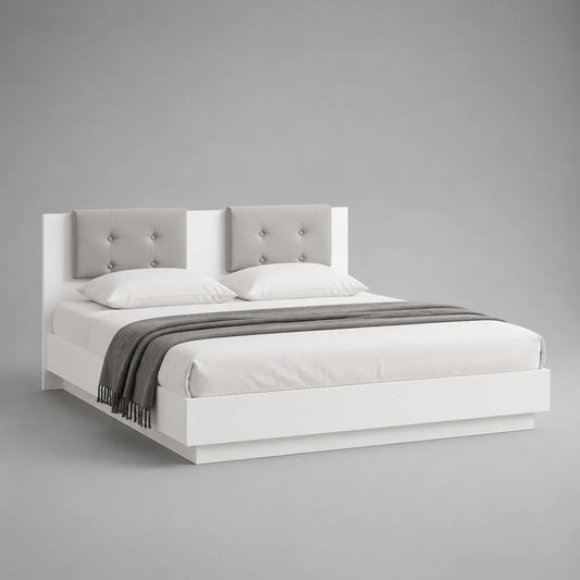 Doppelbett 180 × 200 cm aus MDF mit gepolstertem Polyester-Kopfteil, Gesamtmaß 216 × 190 × 110 cm, Weiß und Hellgrau
