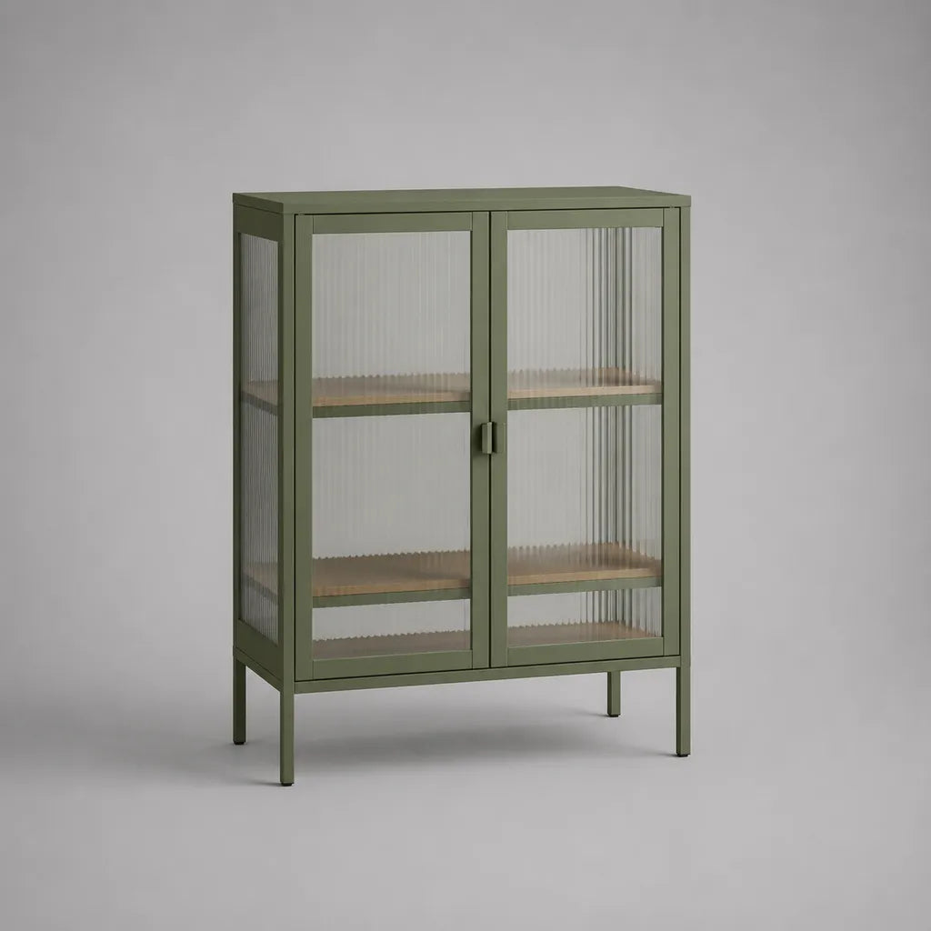 Highboard-Vitrinenschrank aus pulverbeschichtetem Stahl und Riffelglas, Salbeigrün, 80 × 35 × 110 cm